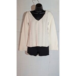 Calvin Klein Jeans Cream Cable Knit V Neck Cotton Pullover Sweater Medium